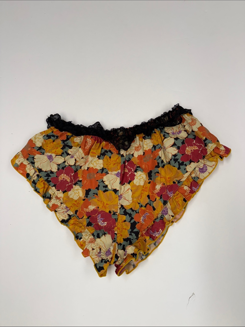 Free People Floral Ruffled Pajama Shorts in Mustard, Black & Red - Picture 2 of 5